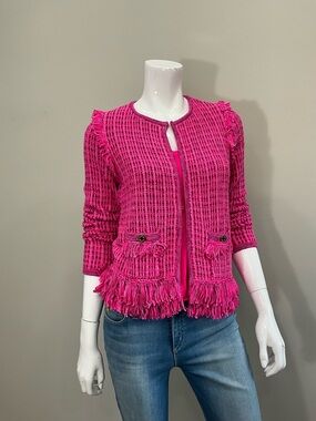 LILLY PULITZER Hot Pink Tweed Jacket Fringe Trim Gold Buttons XS